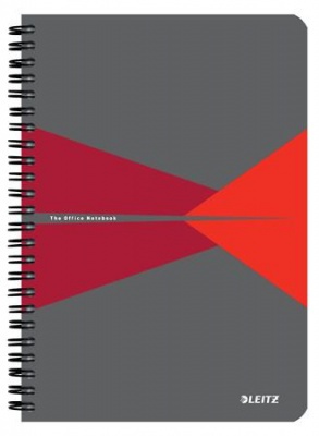 Spirálfüzet, A5, vonalas, 90 lap, laminált karton borító, LEITZ "Office", szürke-piros
